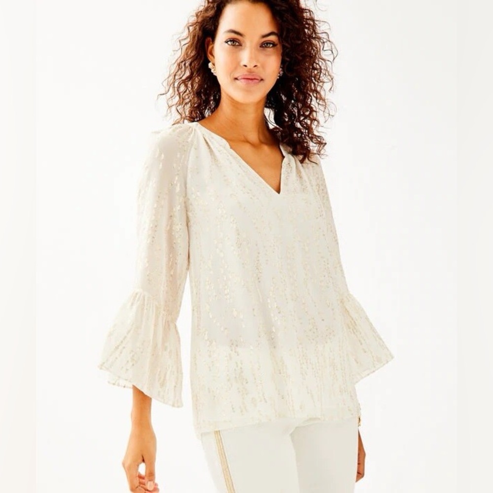 LILLY PULITZER Silk Matilda Elegant Cream & Gold Women's Top
